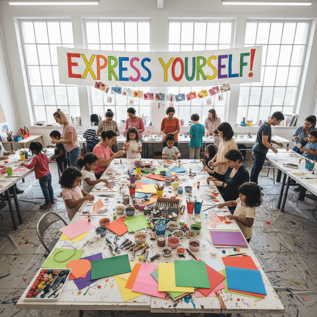 Creative workshop or gathering families exploring self-expression colorful materials