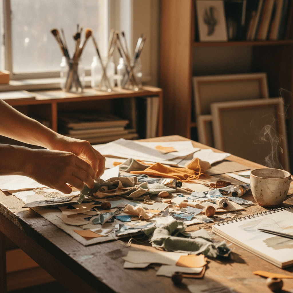 Tabitha Stroud at her creative workspace with inspirational materials and natural light