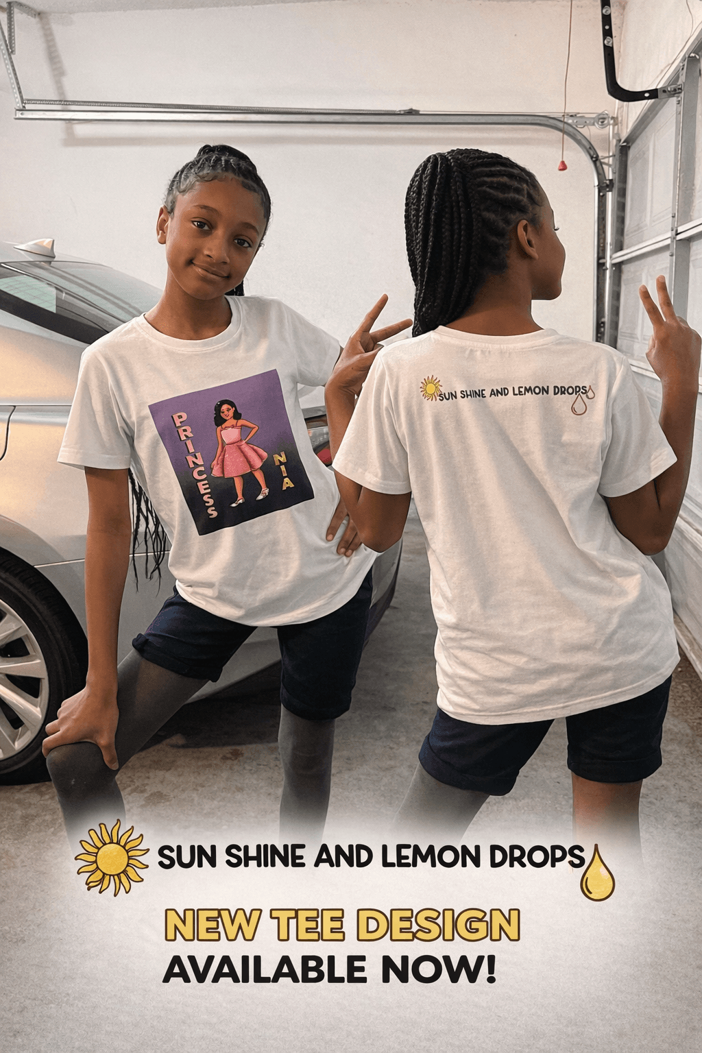 Front and back views of a white t-shirt with Princess Nia and sunshine graphics.