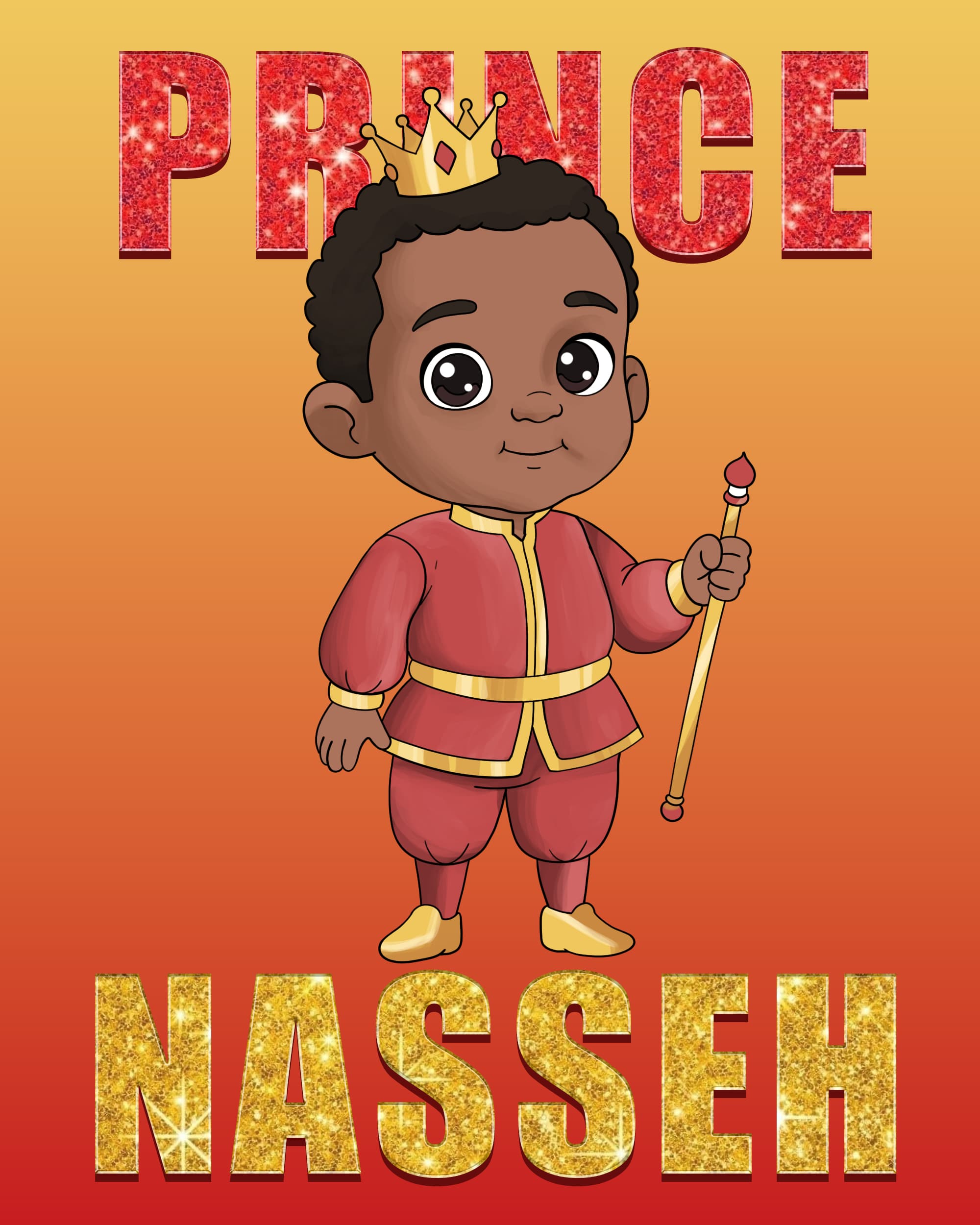 Young Black boy prince in red royal attire wearing a crown and holding a scepter.