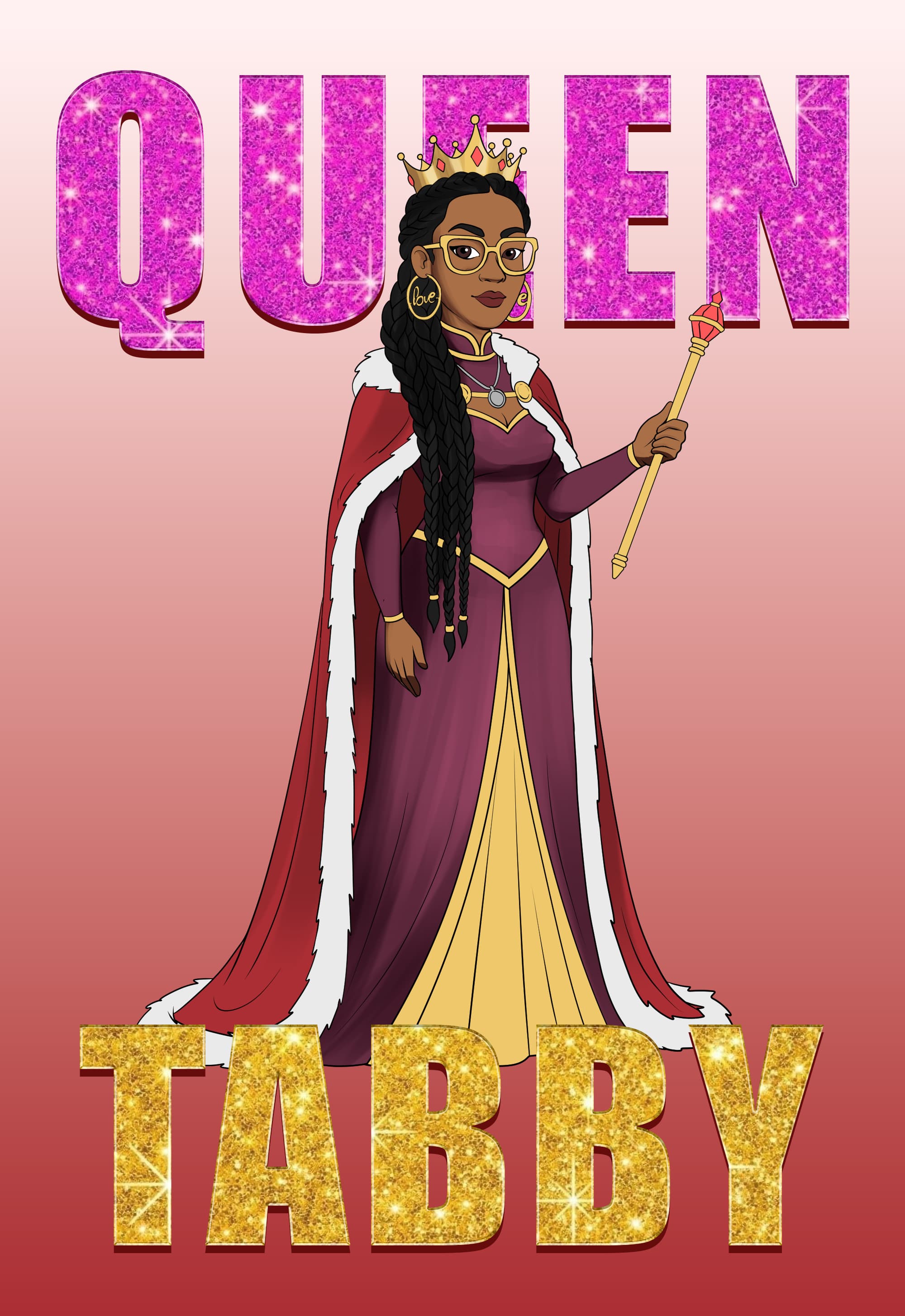 Black queen in a purple gown and red cape, holding a scepter, titled Queen Tabby.